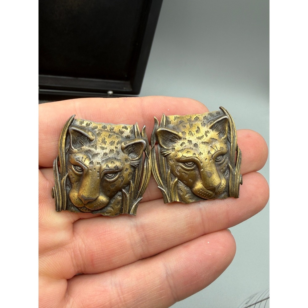 Vintage JJ Jonette Leopard Head Clip-On Earrings 1986 Textured Pewter #1076